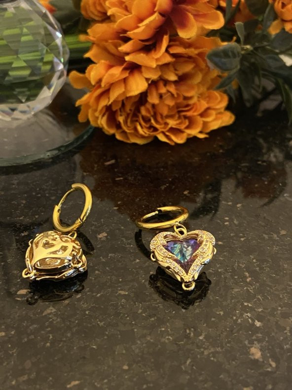 Aksesuar Çarşısı Çelik Mor Kristal Taşlı Kalp Küpe - Resim 3