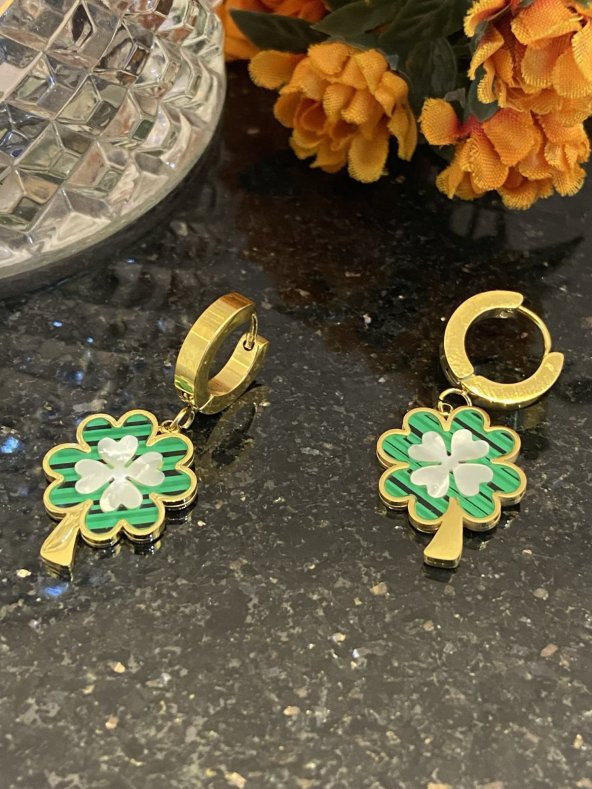 Aksesuar Çarşısı Çelik Yeşil Sedefli Yonca Küpe - Resim 7