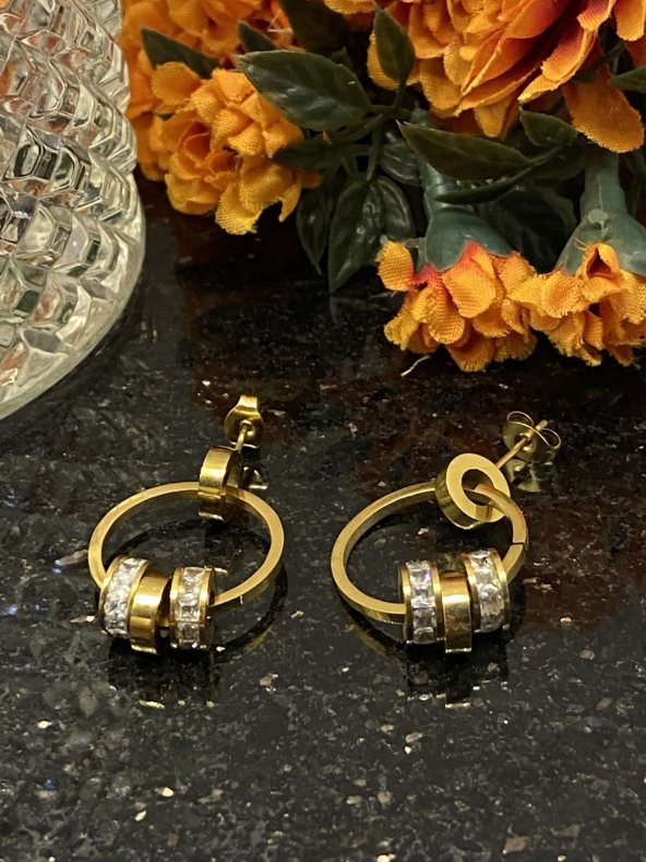 Aksesuar Çarşısı Çelik Gold Sallantılı Halka Küpe - 5
