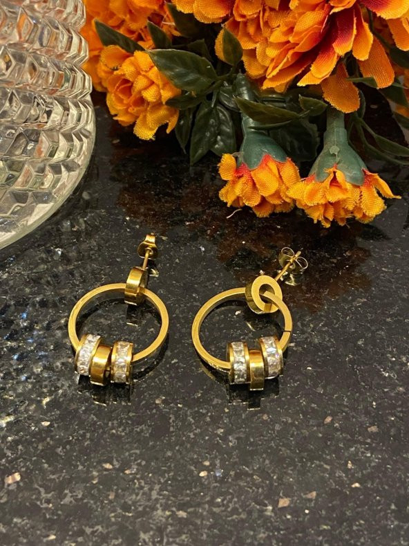 Aksesuar Çarşısı Çelik Gold Sallantılı Halka Küpe - 6
