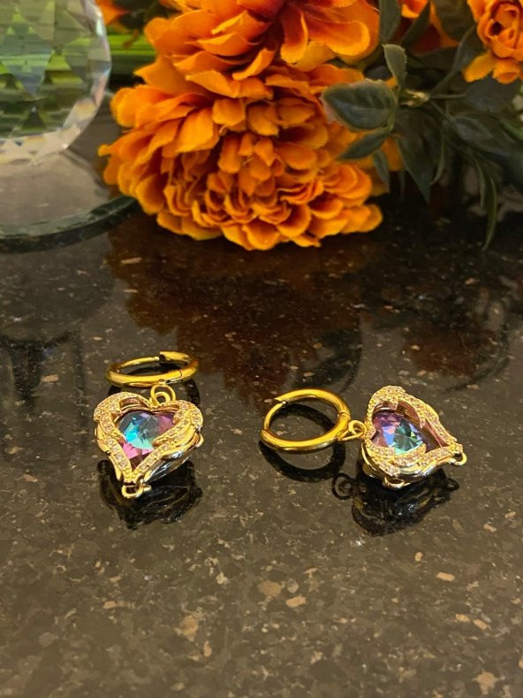 Aksesuar Çarşısı Çelik Mor Kristal Taşlı Kalp Küpe - Resim 6