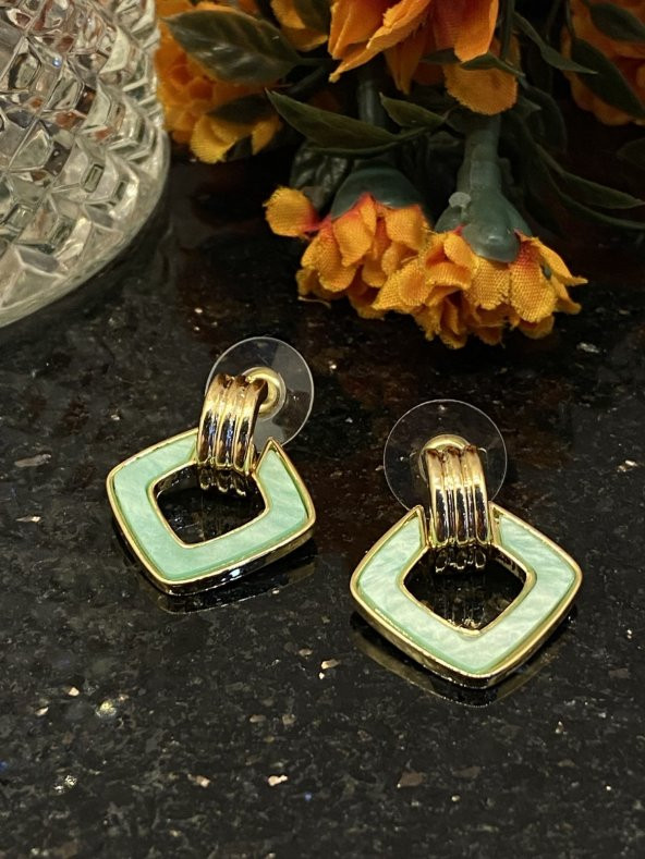 Aksesuar Çarşısı Çelik Yeşil Kare Sallantılı Küpe - Resim 2