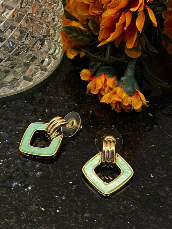 Aksesuar Çarşısı Çelik Yeşil Kare Sallantılı Küpe - Resim 4