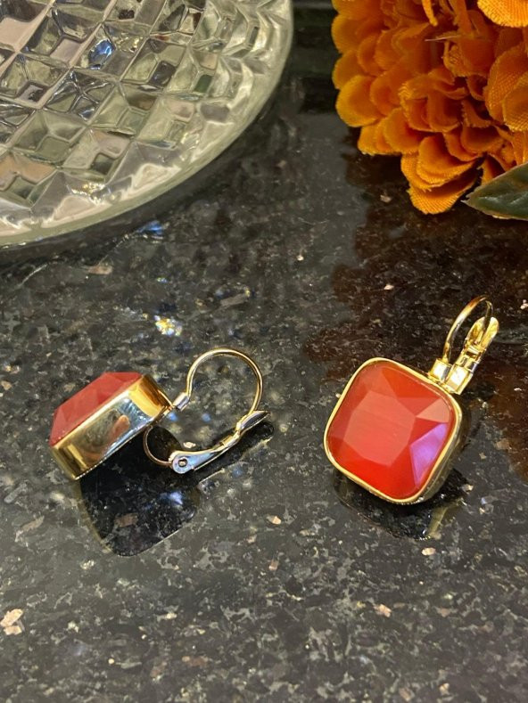 Aksesuar Çarşısı Çelik Kare Kesim Kırmızı Taşlı Küpe - Resim 9