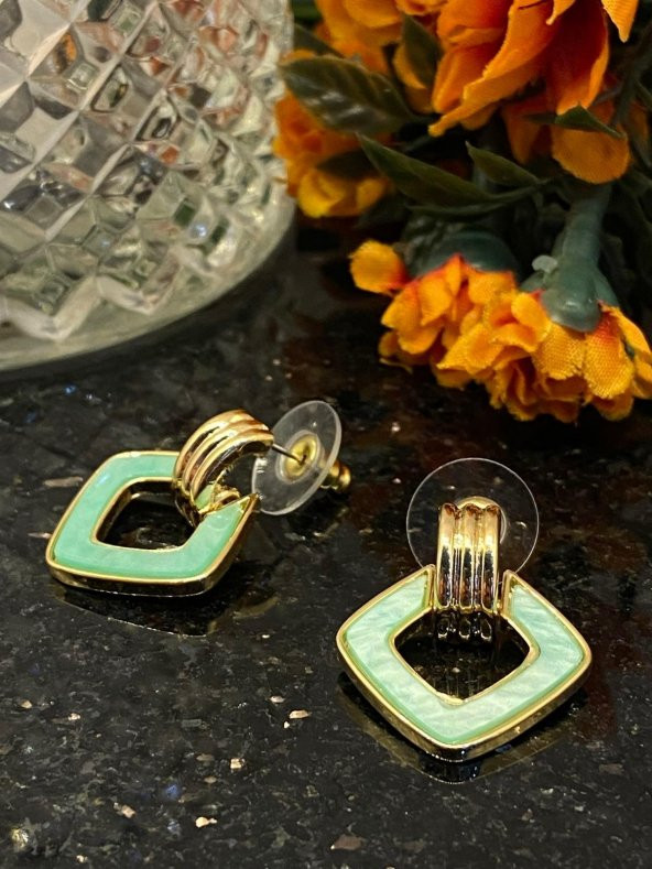 Aksesuar Çarşısı Çelik Yeşil Kare Sallantılı Küpe - Resim 6