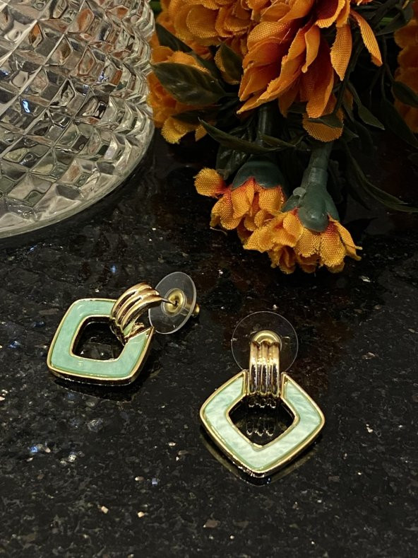 Aksesuar Çarşısı Çelik Yeşil Kare Sallantılı Küpe - Resim 9