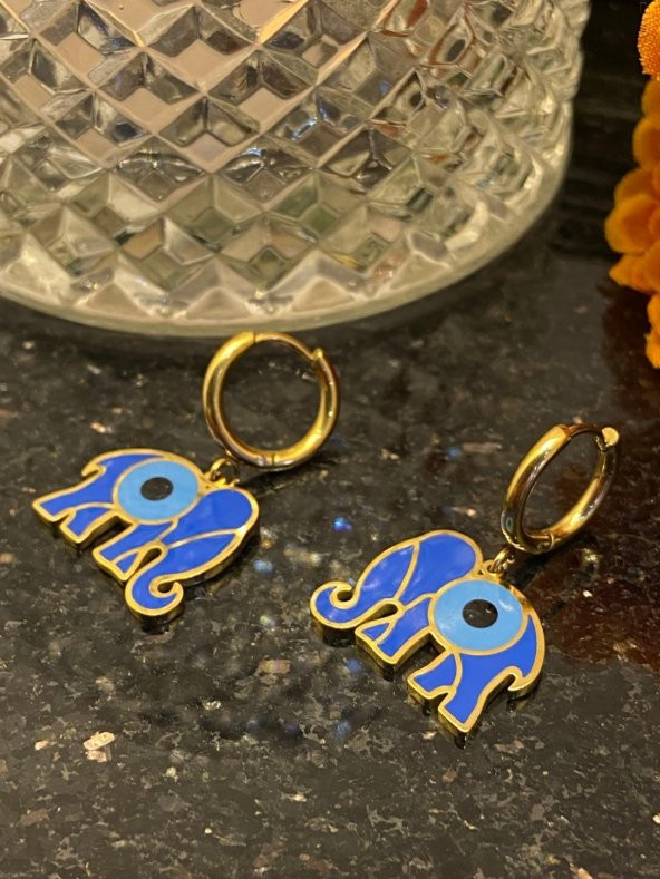 Aksesuar Çarşısı Çelik Mavi MineLİ Fil Tasarımlı Küpe - Resim 6