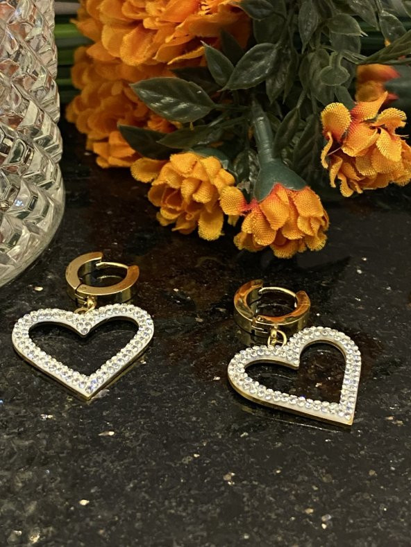 Aksesuar Çarşısı Çelik İnce Zirkon Taşlı Kalp Tasarımlı Küpe - Resim 3