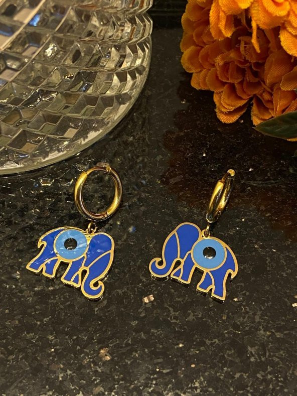 Aksesuar Çarşısı Çelik Mavi MineLİ Fil Tasarımlı Küpe - Resim 8