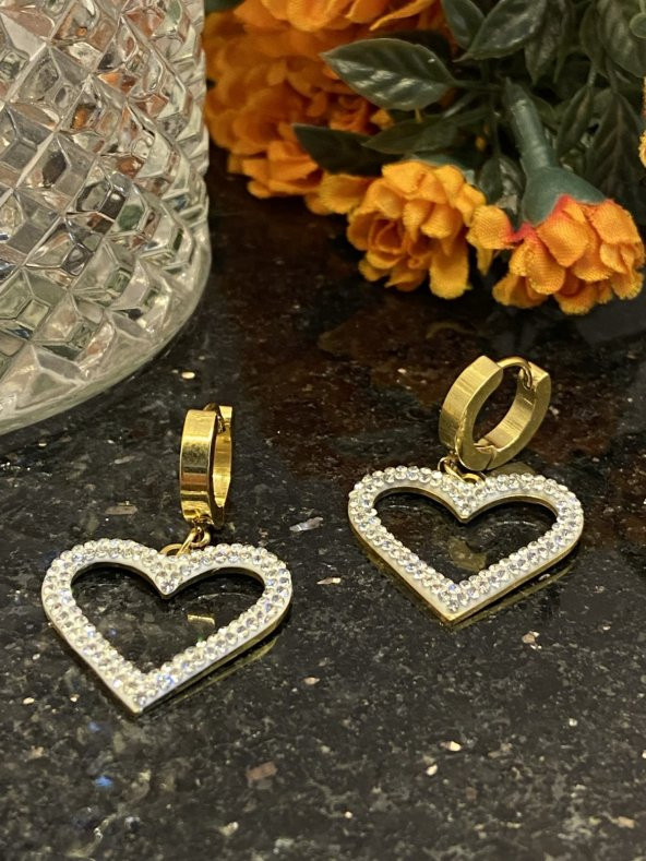 Aksesuar Çarşısı Çelik İnce Zirkon Taşlı Kalp Tasarımlı Küpe - Resim 5