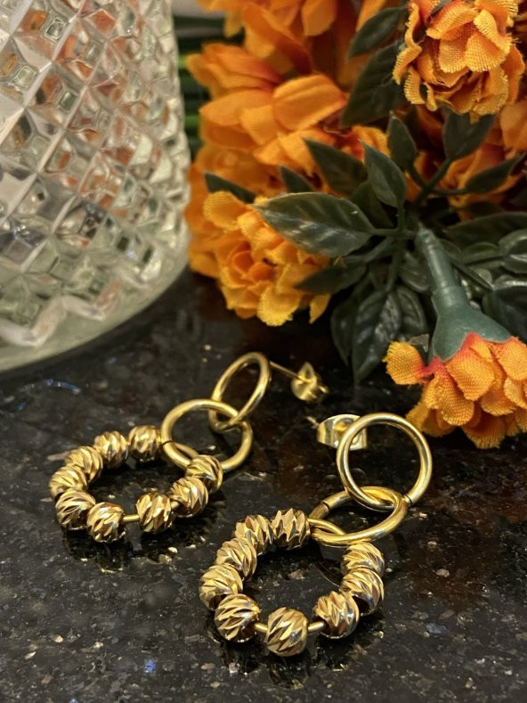 Aksesuar Çarşısı Çelik Dorika Toplu Sallantılı Gold Küpe - Resim 2