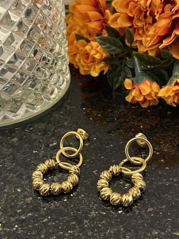 Aksesuar Çarşısı Çelik Dorika Toplu Sallantılı Gold Küpe - Resim 5