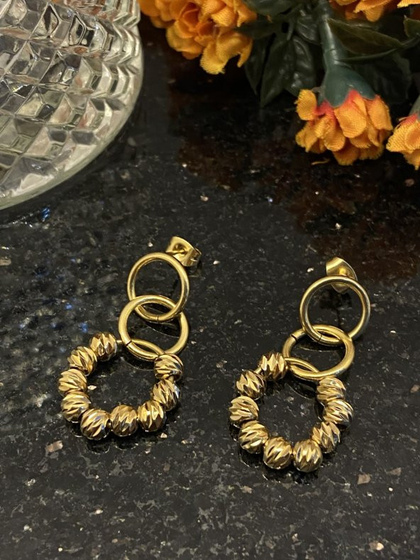 Aksesuar Çarşısı Çelik Dorika Toplu Sallantılı Gold Küpe - Resim 7