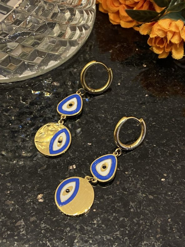 Aksesuar Çarşısı Çelik Çift Nazar Boncuklu Sallantılı Küpe - Resim 2