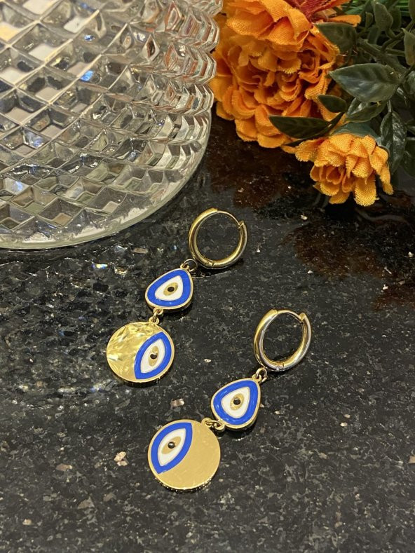 Aksesuar Çarşısı Çelik Çift Nazar Boncuklu Sallantılı Küpe - Resim 5