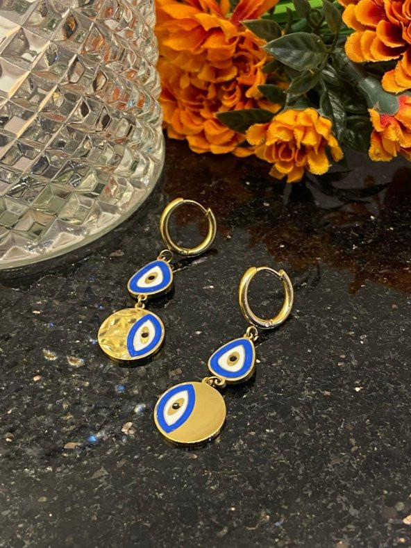 Aksesuar Çarşısı Çelik Çift Nazar Boncuklu Sallantılı Küpe - Resim 6