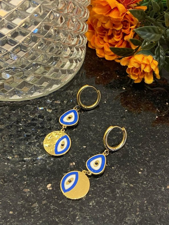 Aksesuar Çarşısı Çelik Çift Nazar Boncuklu Sallantılı Küpe - Resim 8