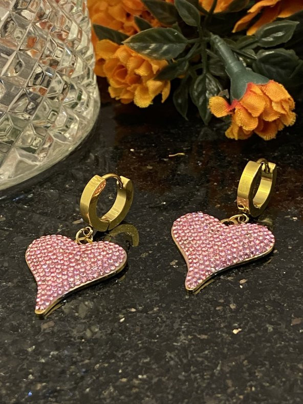 Aksesuar Çarşısı Çelik Pembe Taşlı Kalp Küpe - 6