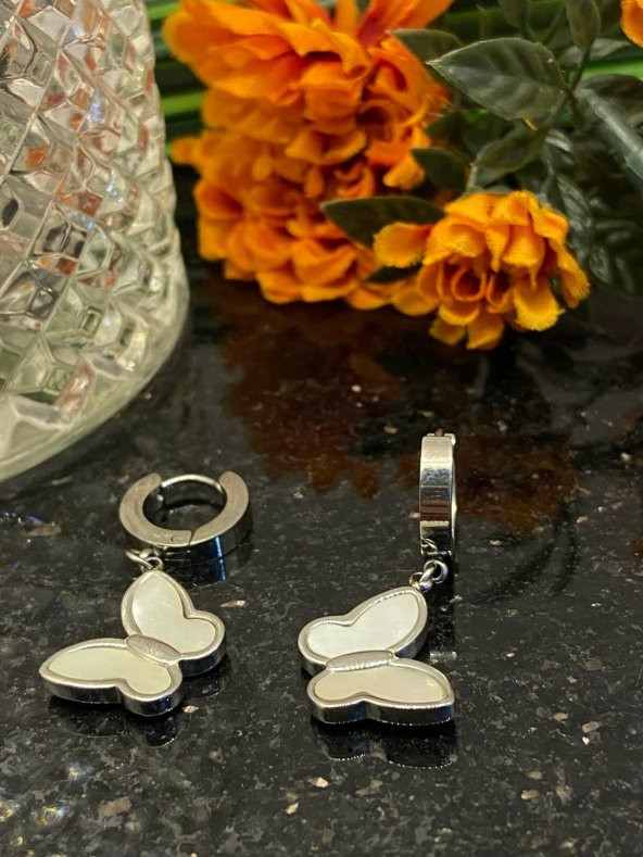 Aksesuar Çarşısı Çelik Sedefli Sallantılı Kelebek Küpe - Resim 4