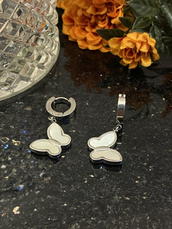 Aksesuar Çarşısı Çelik Sedefli Sallantılı Kelebek Küpe - Resim 5