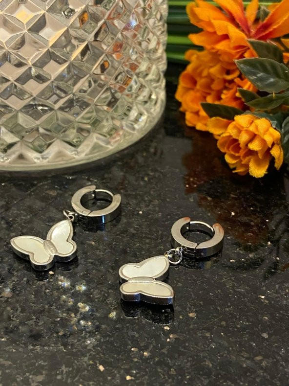 Aksesuar Çarşısı Çelik Sedefli Sallantılı Kelebek Küpe - Resim 8