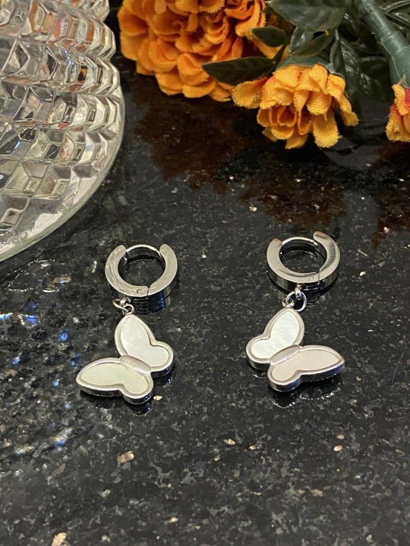 Aksesuar Çarşısı Çelik Sedefli Sallantılı Kelebek Küpe - Resim 9