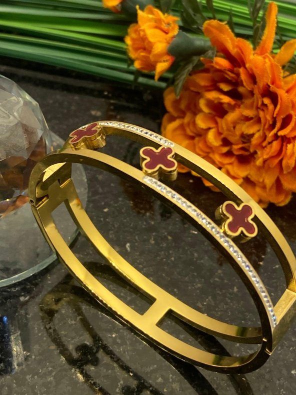 Aksesuar Çarşısı Çelik Özel Tasarım Kırmızı Yonca Zirkon Taşlı Kelepçe Bileklil - Resim 6