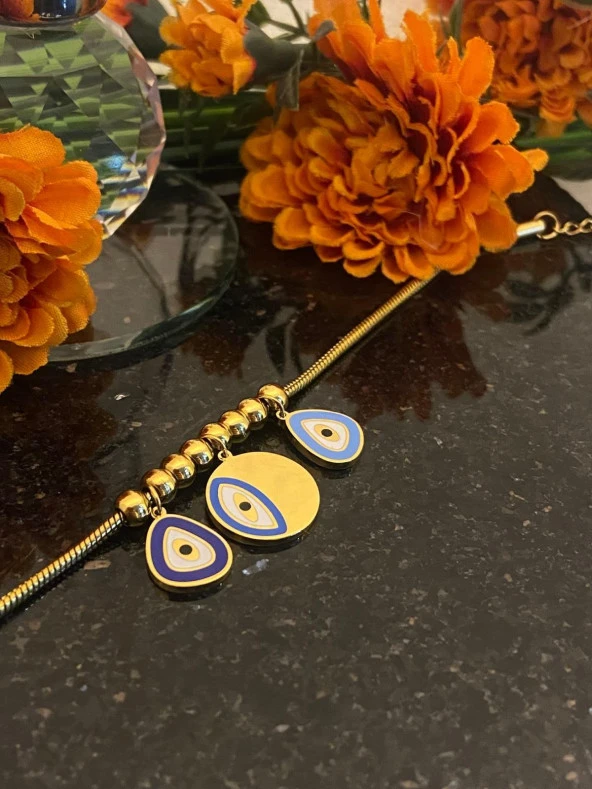 Aksesuar Çarşısı Çelik İtalyan Zincir Göz ve Nazar Boncuk Tasarımlı Mineli Bileklik - Resim 6