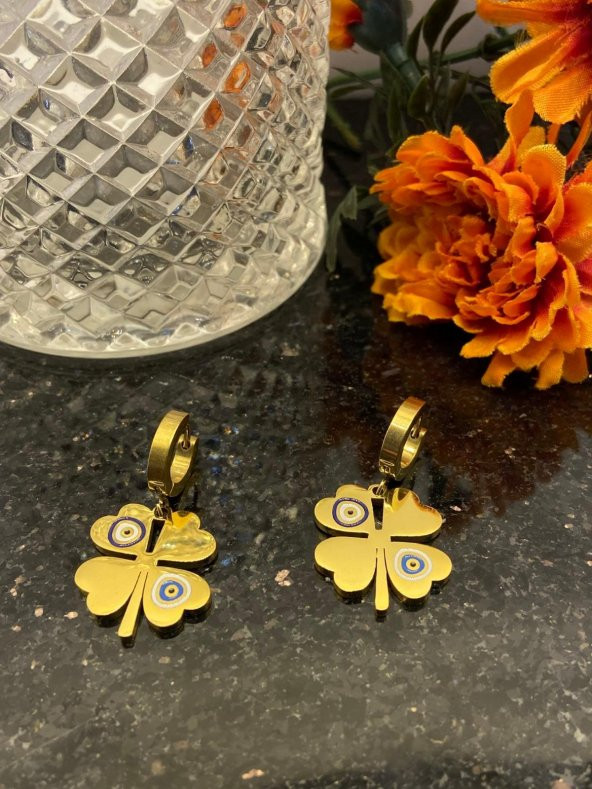 Aksesuar Çarşısı Çelik Nazar Boncuklu Yonca Küpe Gold ürün görseli