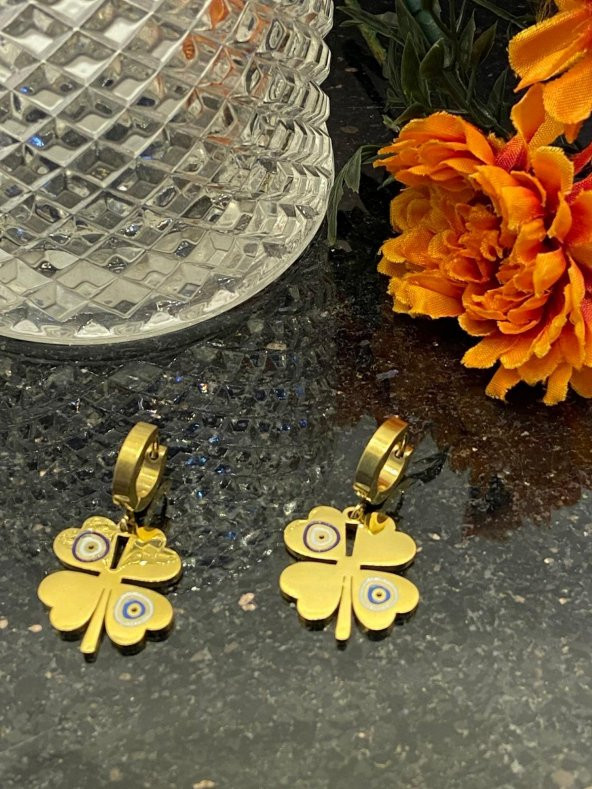 Aksesuar Çarşısı Çelik Nazar Boncuklu Yonca Küpe Gold - Resim 2