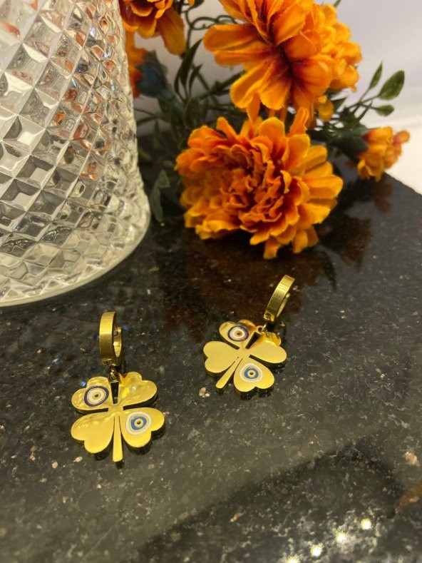 Aksesuar Çarşısı Çelik Nazar Boncuklu Yonca Küpe Gold - Resim 3