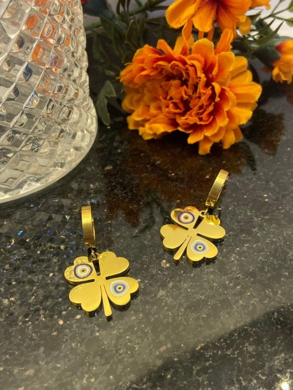 Aksesuar Çarşısı Çelik Nazar Boncuklu Yonca Küpe Gold - Resim 4