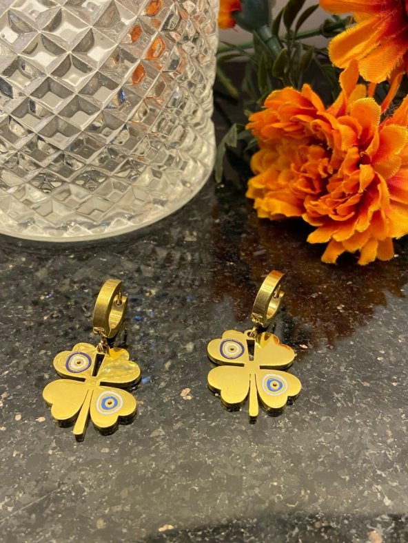 Aksesuar Çarşısı Çelik Nazar Boncuklu Yonca Küpe Gold - Resim 6