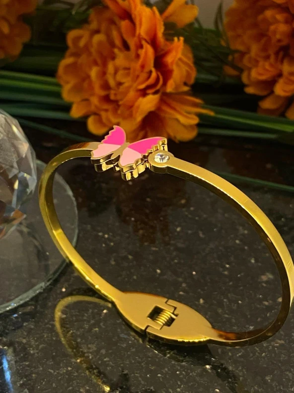 Aksesuar Çarşısı Çelik Pembe Kelebek Tasarımlı Kelepçe Bileklik ürün görseli
