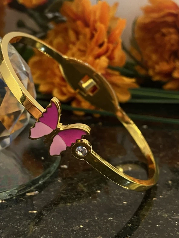 Aksesuar Çarşısı Çelik Pembe Kelebek Tasarımlı Kelepçe Bileklik - Resim 4