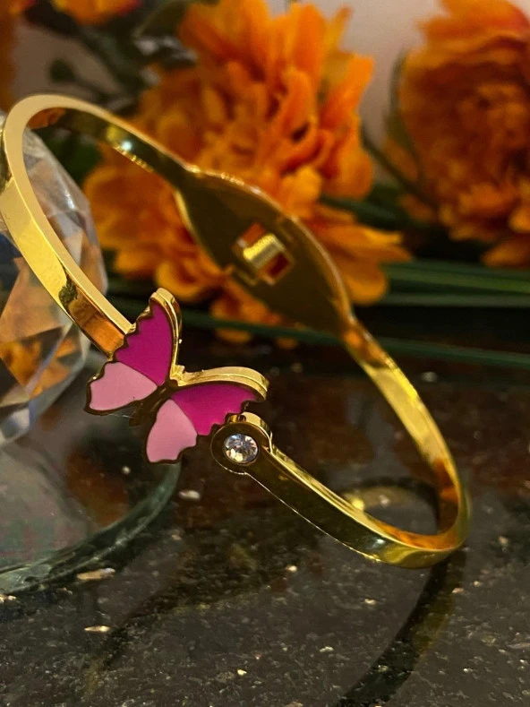 Aksesuar Çarşısı Çelik Pembe Kelebek Tasarımlı Kelepçe Bileklik - Resim 5