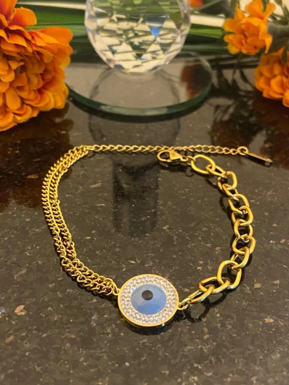 Aksesuar Çarşısı Çelik İtalyan Zircir Üç Nazar Boncuk Tasarımlı Bileklik - Resim 8