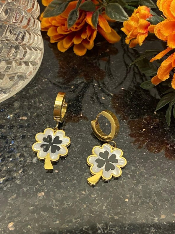 Aksesuar Çarşısı Çelik Sedefli Yonca Sallantılı Küpe - Resim 3