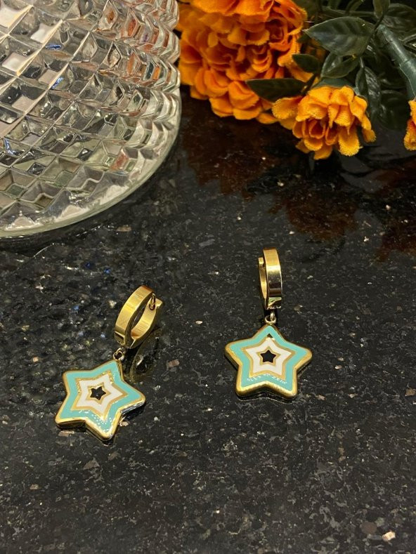 Aksesuar Çarşısı Çelik Yıldız Tasarımlı Mineli Bebek Mavisi Küpe - Resim 2