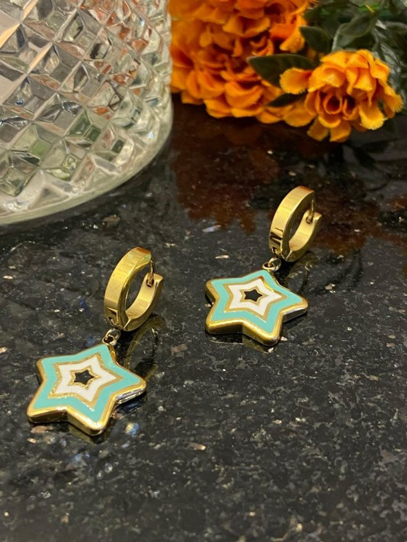 Aksesuar Çarşısı Çelik Yıldız Tasarımlı Mineli Bebek Mavisi Küpe - Resim 3