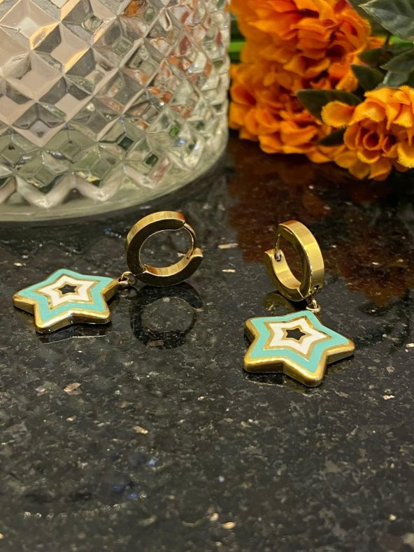 Aksesuar Çarşısı Çelik Yıldız Tasarımlı Mineli Bebek Mavisi Küpe - Resim 4