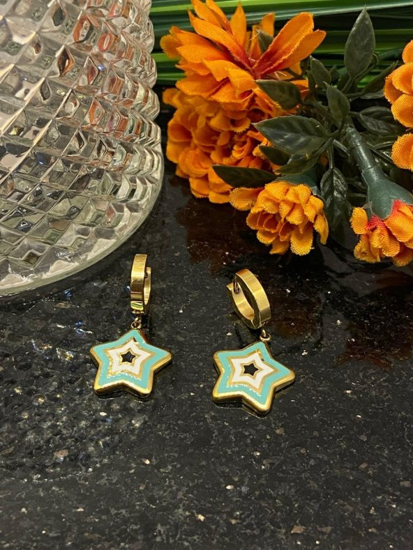 Aksesuar Çarşısı Çelik Yıldız Tasarımlı Mineli Bebek Mavisi Küpe - Resim 5