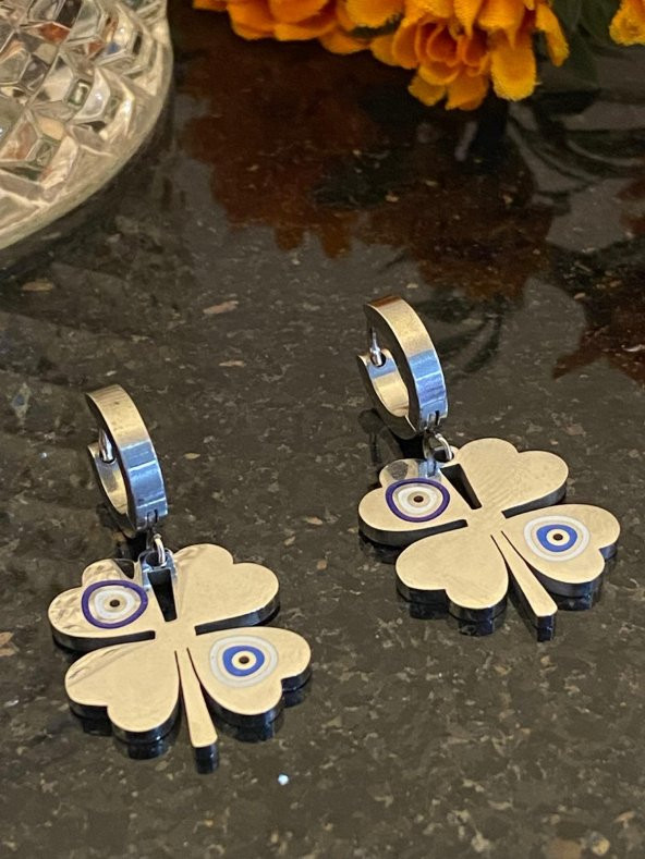 Aksesuar Çarşısı Çelik Nazar Boncuklu Yonca Küpe Silver ürün görseli