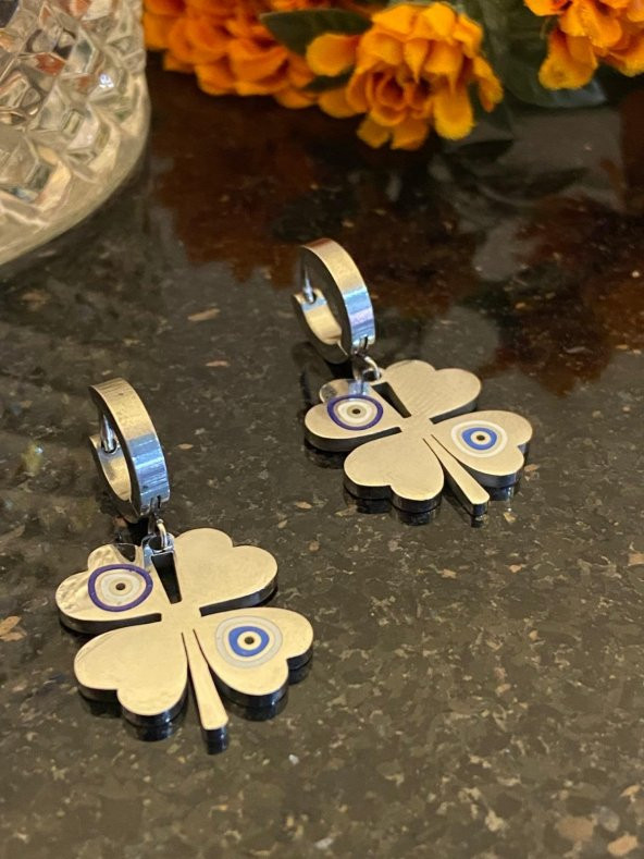 Aksesuar Çarşısı Çelik Nazar Boncuklu Yonca Küpe Silver - Resim 2