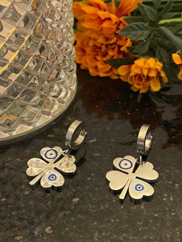 Aksesuar Çarşısı Çelik Nazar Boncuklu Yonca Küpe Silver - Resim 3