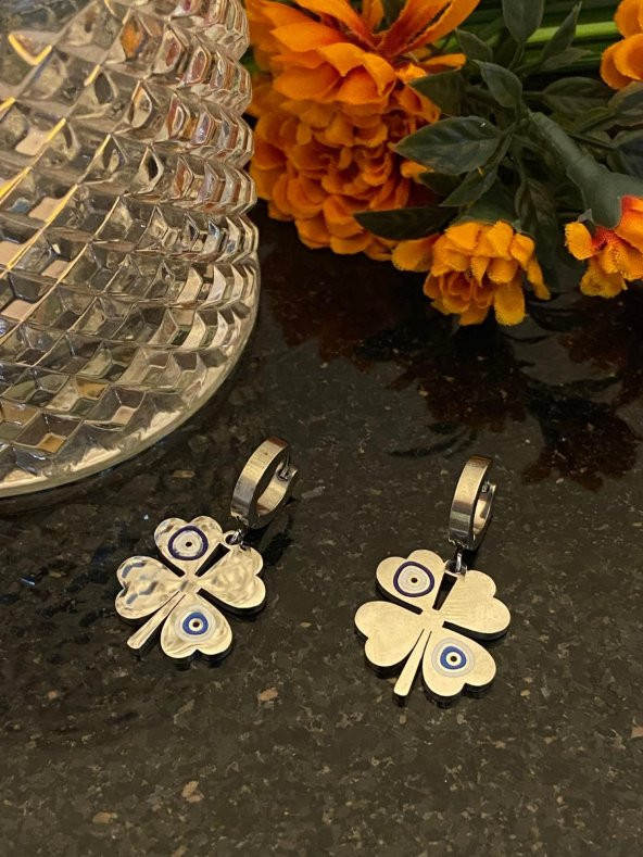 Aksesuar Çarşısı Çelik Nazar Boncuklu Yonca Küpe Silver - Resim 4