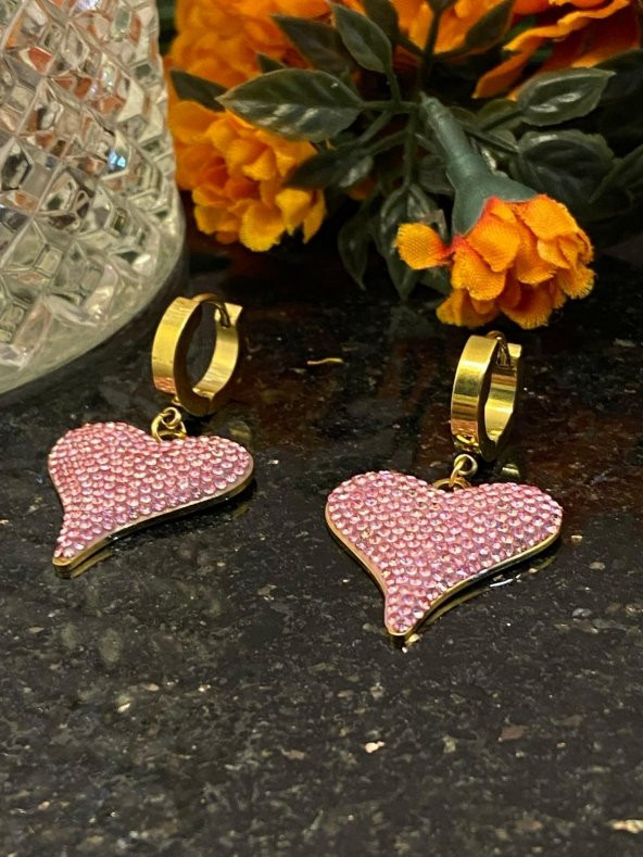 Aksesuar Çarşısı Çelik Pembe Taşlı Kalp Küpe ürün görseli