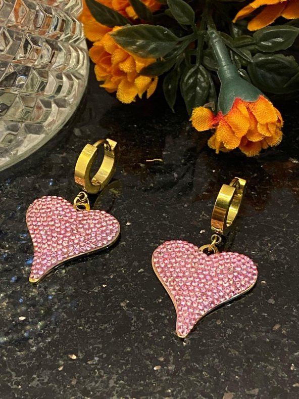 Aksesuar Çarşısı Çelik Pembe Taşlı Kalp Küpe - Resim 3