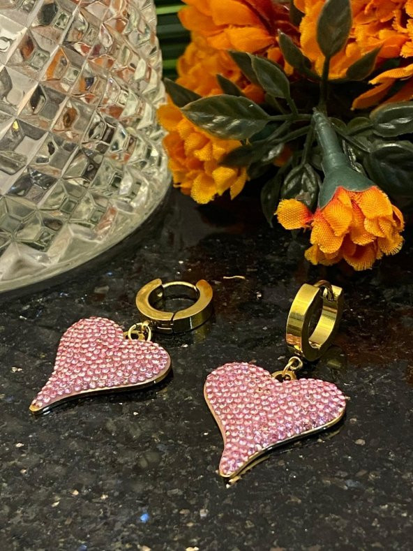 Aksesuar Çarşısı Çelik Pembe Taşlı Kalp Küpe - Resim 4