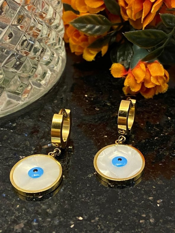 Aksesuar Çarşısı Çelik Sedefli Göz Küpe Gold - Resim 2